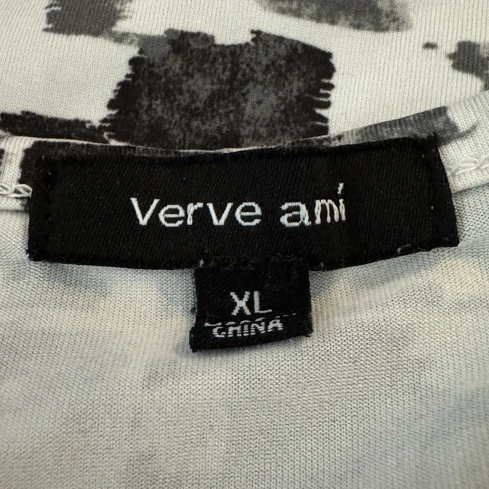 Verve Ami XL Shirt Top Gray Geometric Bell 3/4 Sleeve Scoop Neck Stretch Womens